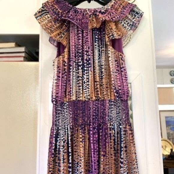 Ramy Brook Multicolor Patterned Maxi with v-neck ruffled sleeveless bodice Sz M, - Picture 10 of 13